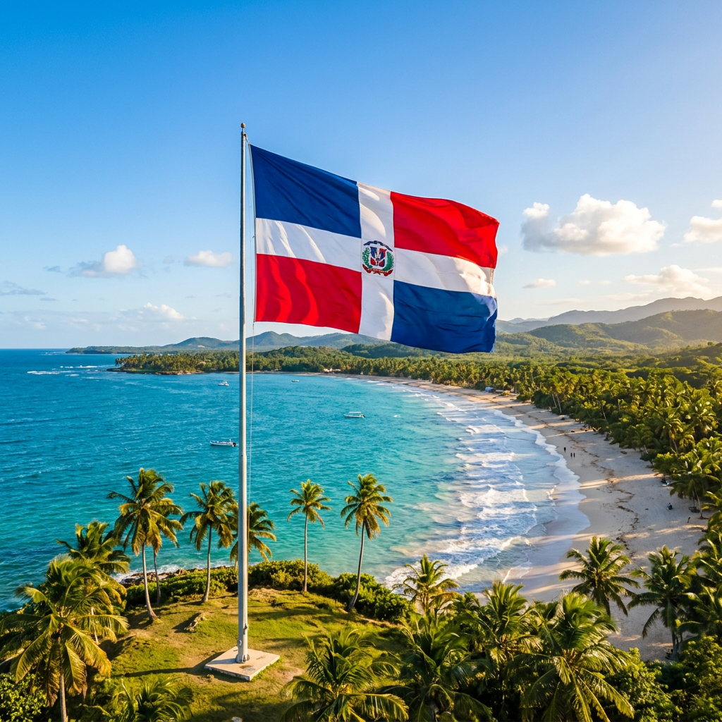 Dominican Republic flag flying on pole with tropical beach and ocean in background