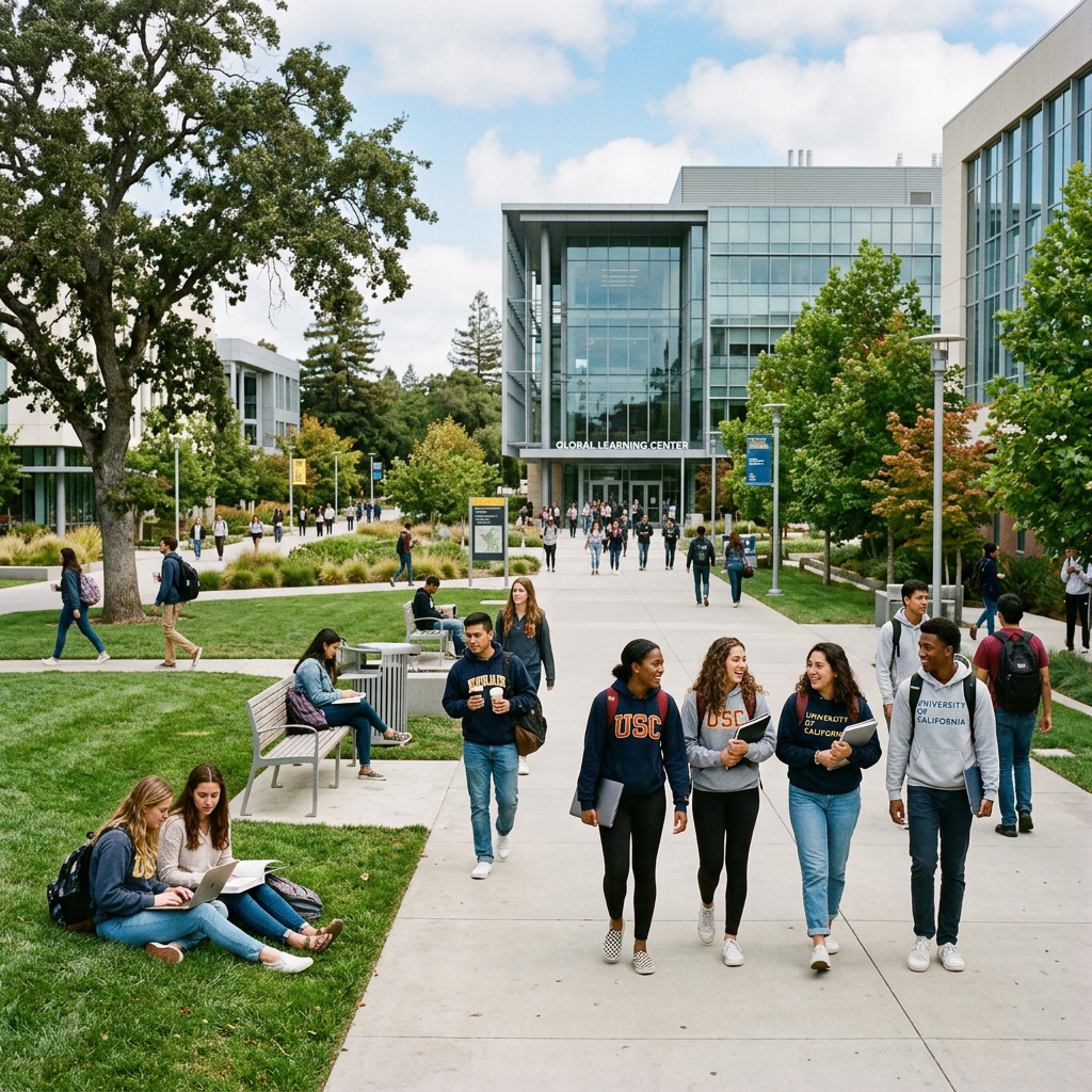 Students walking and sitting on grass near a university learning center