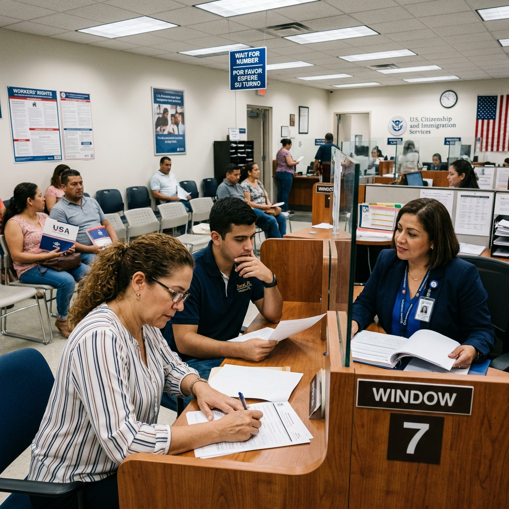 People filling forms and consulting with USCIS officer inside immigration office at Window 7